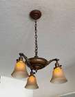 Antique Vtg Brass Hanging Ceiling Chandelier Light Fixture '20s Art Glass Shades