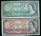 1954,  2 Canadian Banknotes, $1 and $2 Dollars  ''Lawson - Bouey''