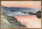 Aquarelle Ancienne Paysage Lac Arbres Reflets Dans L’eau Ciel Monogramme LP 1917